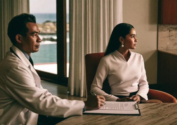 Breast Reduction: Health Benefits Beyond Aesthetics 1 Dr. John Shamoun – Newport Beach Plastic Surgeon Woman discussing breast reduction health benefits with a plastic surgeon in a light-filled Newport Beach office.