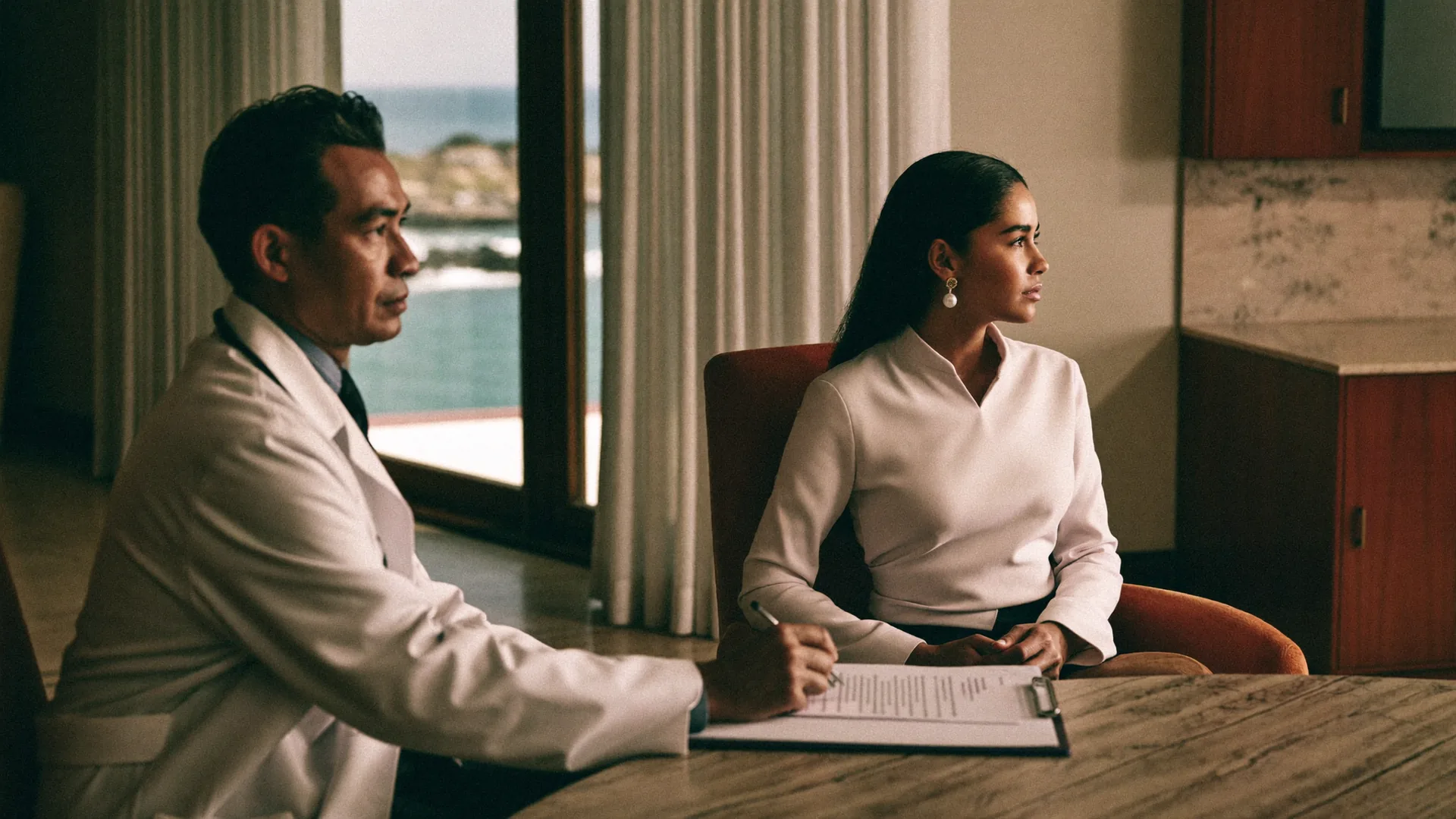 Woman discussing breast reduction health benefits with a plastic surgeon in a light-filled Newport Beach office.