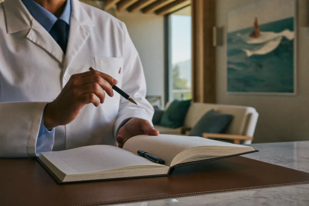 Close-up of a surgeon's hands reviewing a mommy makeover surgical plan in a Newport Beach clinic.